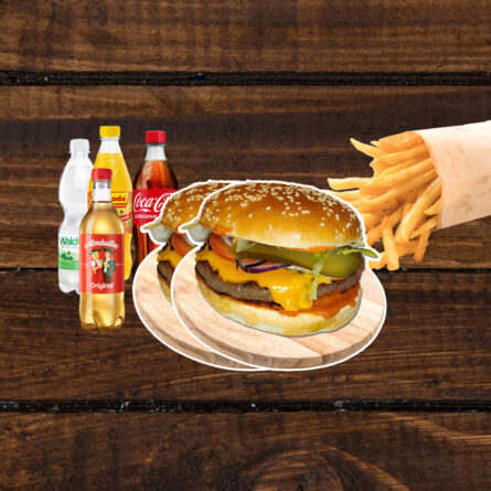 2 x Burger XL + 1 x Pommes + 1 x 0,5 Getränk
