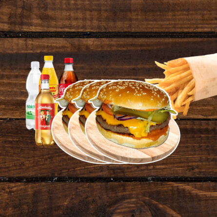 3 x Burger XL + 1 x Pommes + 1 x 0,5 Getränk
