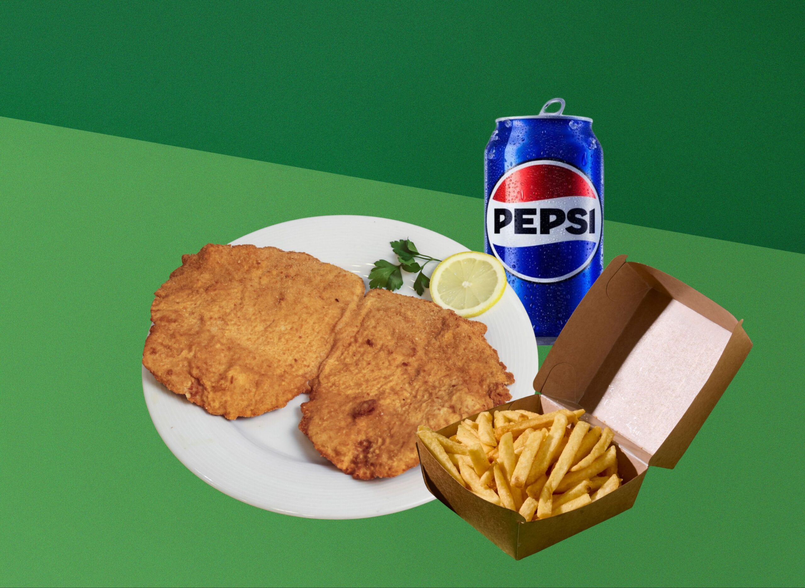 Wochenmenü 4: Wiener Schnitzel + Pommes + 0,33l Getränk